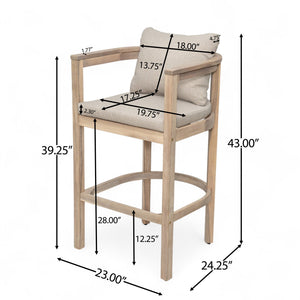 English Elm Christopher Knight Home® - Abaco Acacia Outdoor Barstool Set of 2 with Removable Gray Cushions, Rustic Curved Back Support Beige,Light White N775P294071G