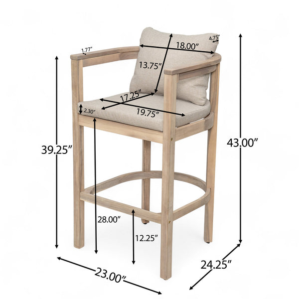 English Elm Christopher Knight Home® - Abaco Acacia Outdoor Barstool Set of 2 with Removable Gray Cushions, Rustic Curved Back Support Beige,Light White N775P294071G