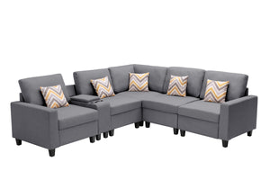 English Elm Nereo Six Piece Linen Sectional Sofa with Charging Console Storage and Reversible Layout B2749S00129