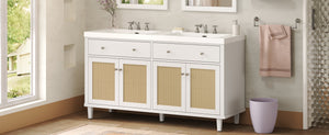 English Elm Christopher Knight Home® - 60 Inch Bathroom Vanity with Double Sinks SMC, Rattan Doors, Soft-Close Drawers, Stable Pine Legs White N817P296140W