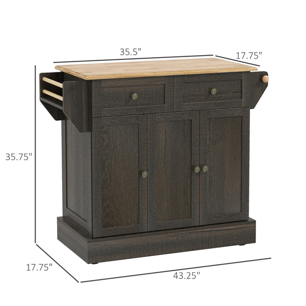 English Elm HOMCOM Butcher Block Kitchen Island on Wheels with 3 Cabinets, Drawers, Towel & Spice Rack, Brown W2225P217420