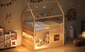 English Elm Full Size Solid Wood House Bed with Led Shelf Lighting for Kids Bedroom Natural N7500005026N