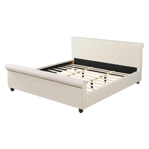 English Elm King Upholstered Bed Linen Fabric Rolled Headboard Rubberwood Legs Primary Bedroom Beige N757K384825I