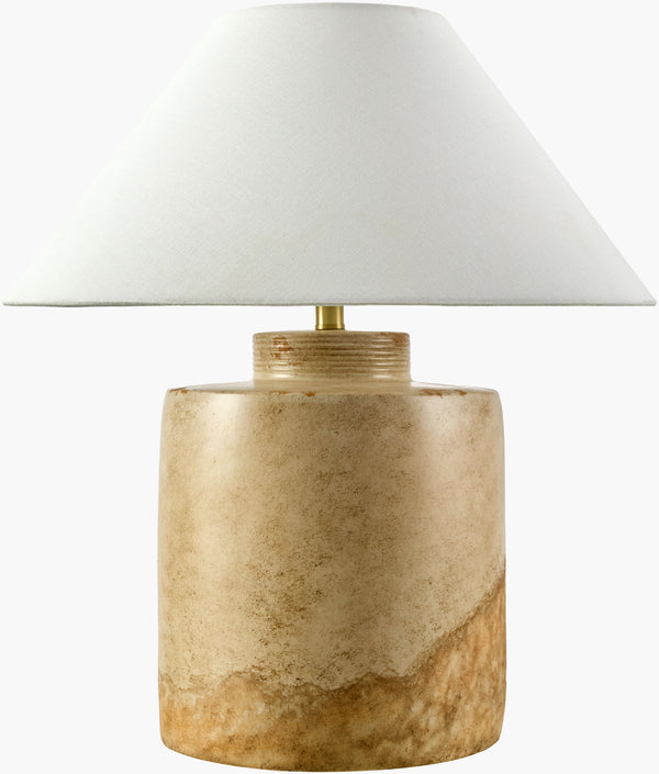 Surya Furbara Elegant 27" Traditional Ceramic Accent Table Lamp With Linen Shade For Inviting Ambiance Body, Khaki,Shade, White,Finial, Metallic ,Brass,Harp, Metallic ,Gold,Cord, Translucent Ceramic,Linen,Linen,Linen,Plastic,Iron Fbr-002