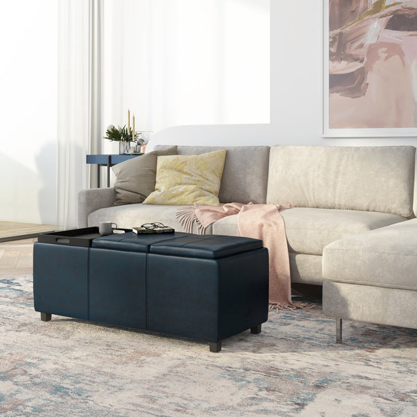 English Elm Avalon Storage Ottoman - Distressed Dark Blue Faux Leather With Hidden Storage & Serving Trays B136P158255