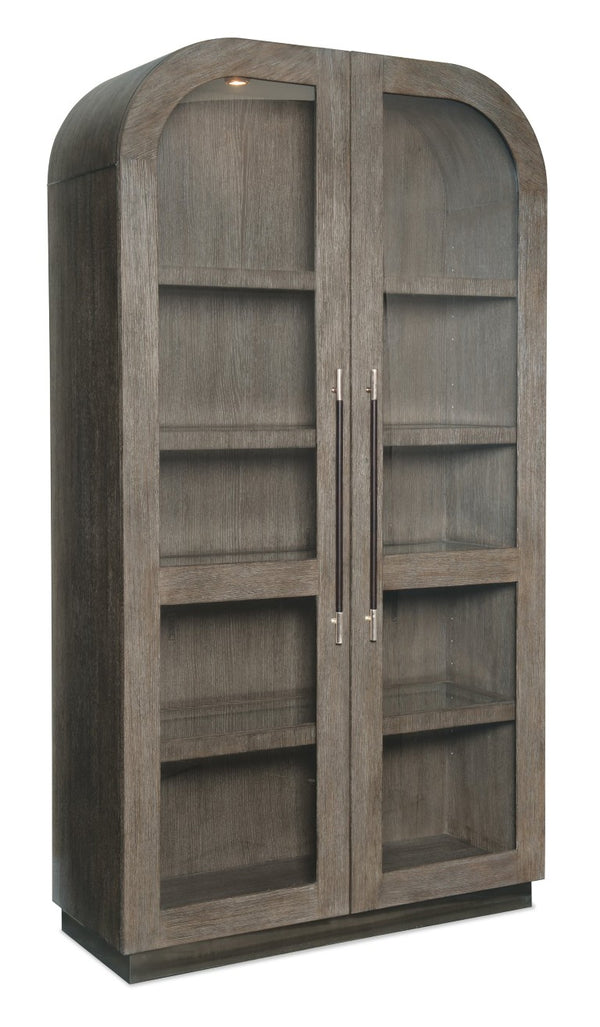 Hooker Furniture Modern Mood Display Cabinet With Integrated Lighting, Quartered Oak Veneer, Leather Pulls, Soft-Close Doors Medium Brown 6850-75906-89