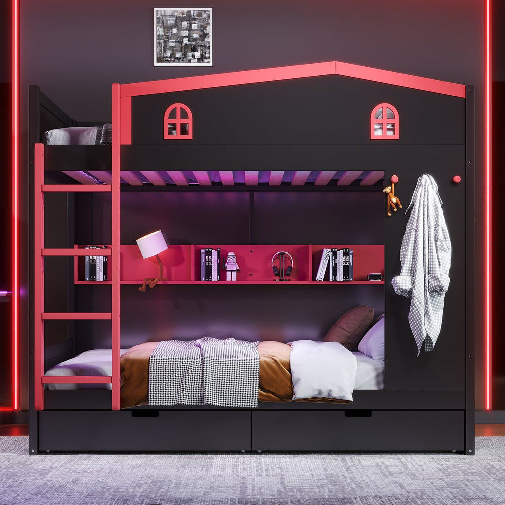 English Elm Twin Xl Solid Pine Loft Bed with Built-in Led Lighting and Storage Shelves W1580S00391