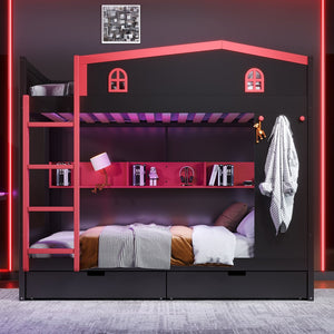 English Elm Twin Xl Solid Pine Loft Bed with Built-in Led Lighting and Storage Shelves W1580S00391