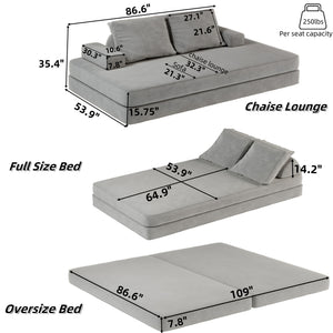 English Elm 86.6"Multifunctional Folding Sofa Bed with Chaise, Fluffy Chenille, Removable Backs & Pillows, Deep Seat Lounge LIGHT GREY W3219P340666