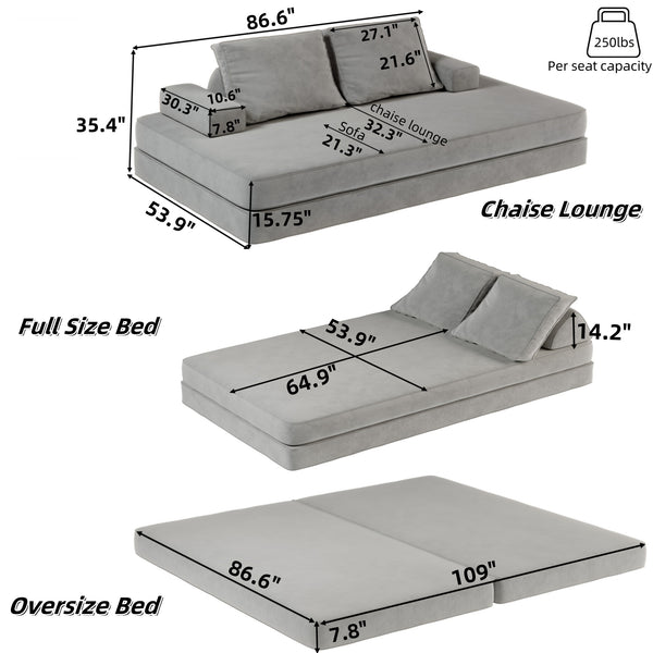 English Elm 86.6"Multifunctional Folding Sofa Bed with Chaise, Fluffy Chenille, Removable Backs & Pillows, Deep Seat Lounge LIGHT GREY W3219P340666