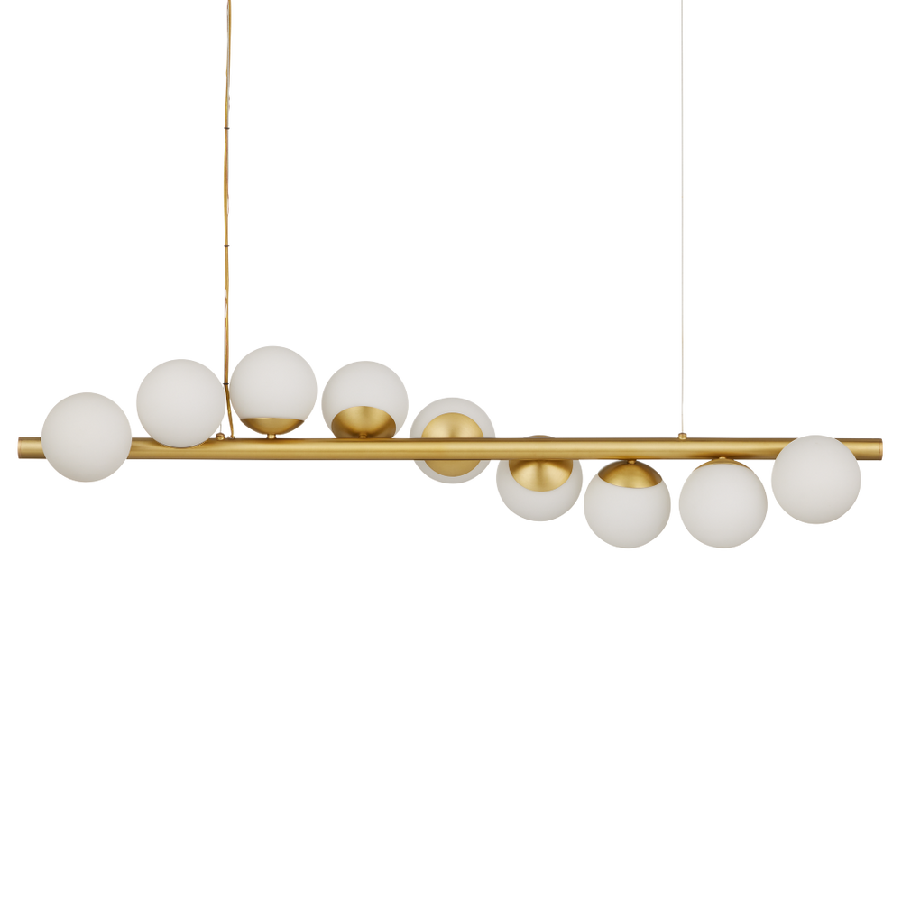 Barcarolle Linear Chandelier - Elegant Brass Fixture with White Globes for Stunning Illumination