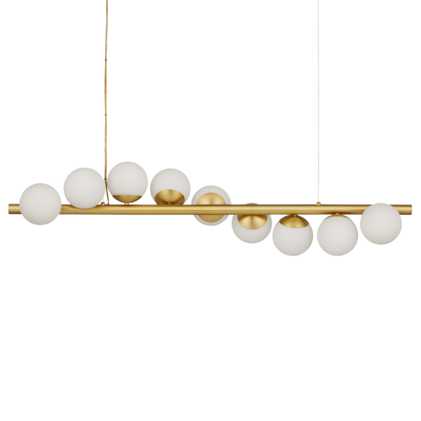 Barcarolle Linear Chandelier - Elegant Brass Fixture with White Globes for Stunning Illumination