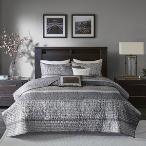 JLA Home Madison Park - 6 Reversible Jacquard Quilt Set Rhapsody – Hotel-Inspired Grey Taupe Stripes, Embroidered Pillows, Machine-Washable 90 L x 90 W x 0.25H MP13-3399
