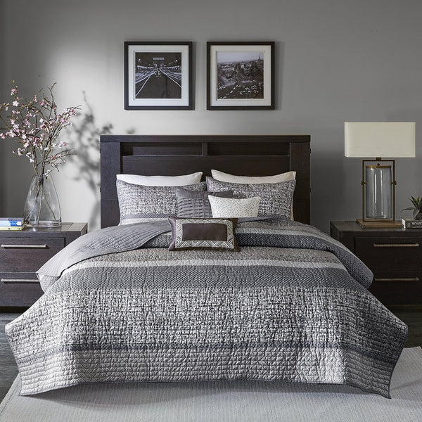 JLA Home Madison Park - 6 Reversible Jacquard Quilt Set Rhapsody – Hotel-Inspired Grey Taupe Stripes, Embroidered Pillows, Machine-Washable 90 L x 90 W x 0.25H MP13-3399
