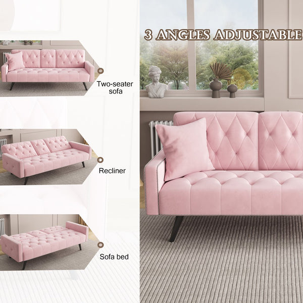 English Elm 1730 Pink Velvet Sofa Bed with Nailhead Trim, 72" Convertible Sleeper for Small Spaces, 2-Seater W3371P302290