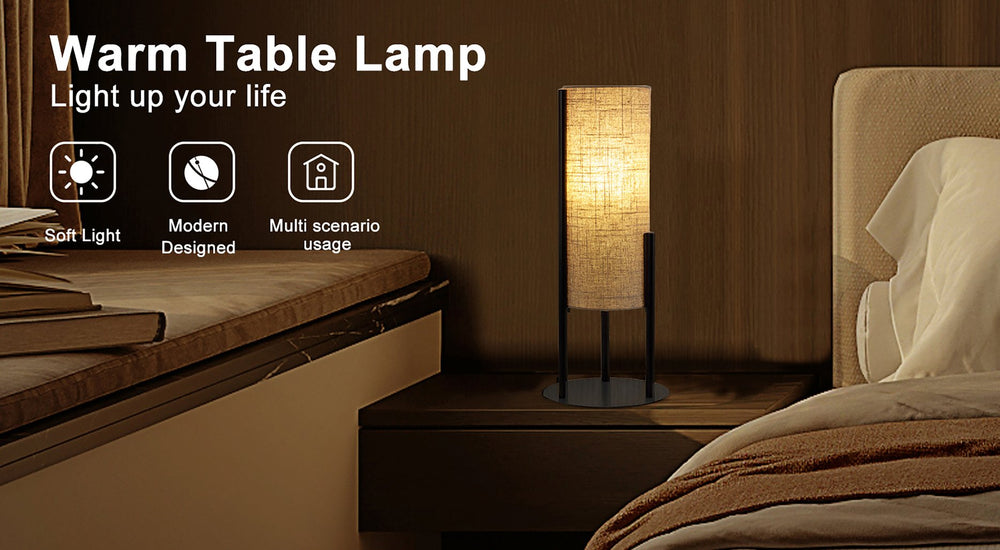 English Elm 22" Beige+Black Modern Upright Linen Drum Table Lamp with Matte Metal Base, Scandinavian Mid-Century LED Ambient Light (97) B072P220157