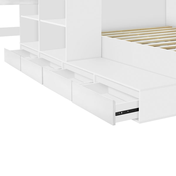 English Elm Full Size Wooden Platform Bed With Integrated Desk, 6 Drawers, Wardrobe & Modern Shelves, White Finish N820S00060K