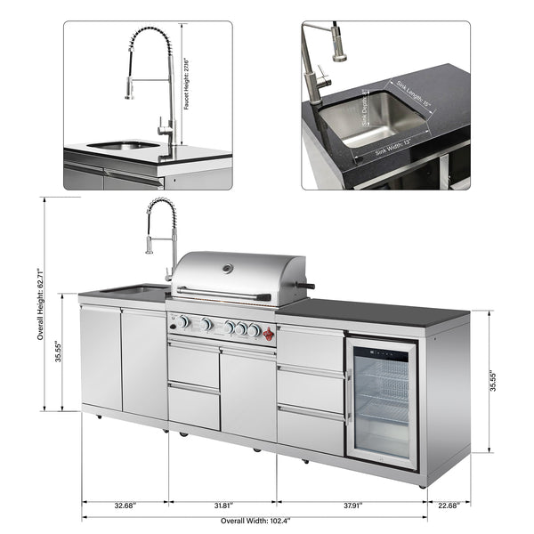 English Elm Outdoor Kitchen Island with Gas Grill Sink Refrigerator 304 Stainless Steel Bbq W5007S00020