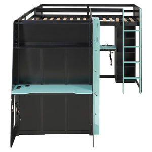 English Elm L-shaped Gaming Loft Bunk Bed Twin Wood Frame Rgb Lighting Usb Ports Storage Shelves Blue LT000295AAC