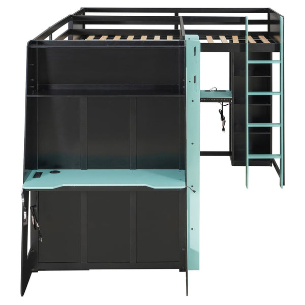 English Elm L-shaped Gaming Loft Bunk Bed Twin Wood Frame Rgb Lighting Usb Ports Storage Shelves Blue LT000295AAC