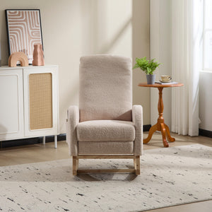 English Elm Modern Upholstered Glider Rocker with Teddy Fabric High Back and Rubberwood Base Beige W3723P409075