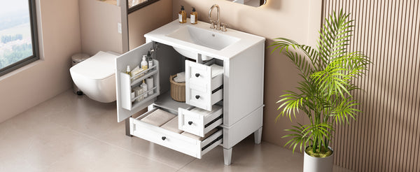 English Elm 30 30 Inch Bathroom Vanity with Ceramic Sink, Modern Compact 3-Drawer Storage Cabinet for Small Baths White N710P247499K
