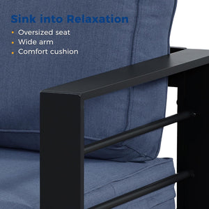 English Elm 73" Cast Aluminum Outdoor Sofa Rust-proof Powder-coated Frame with Resort-style Cushions Black+Blue B082P454972