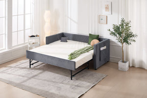 English Elm Twin Velvet Upholstered Daybed with Trundle, V-Pattern Backrest, USB Port, Side Pockets, Sturdy Design Grey W1361S00040