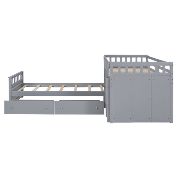 English Elm L-shaped Twin Loft Platform Bed with 7 Drawers Full Guardrails Kids White Pine LT000853AAE
