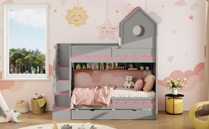 English Elm Twin Over Kids Bunk Bed with Castle Roofline Led Lights and Staircase Storage Gray N820S00068E