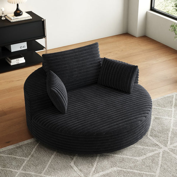 English Elm 55''l 55'l Faux Rabbit Fur Corduroy Swivel Lounge Chair Cloud Foam Seat for Bedroom Black W834S00448
