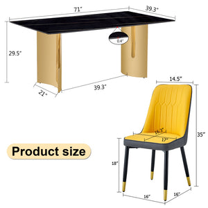 English Elm Table With Glass Top & Gold Stainless Steel Legs, 6 Orange & Dark Gray Pu Dining Chairs Set W1151S04340-GIGA