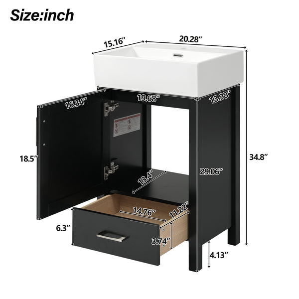 English Elm 20.28'' 20.28" Modern Bathroom Vanity with Ceramic Sink, Solid Wood Frame, Soft-Close Drawer & Cabinet - Space-Saving Design Black N729P277755B