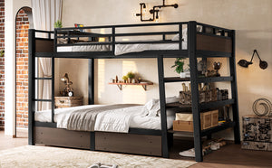 English Elm Full Size Metal Loft Bed with Stair Storage Shelves Bookshelf for Dorms Bedroom W1580S00347