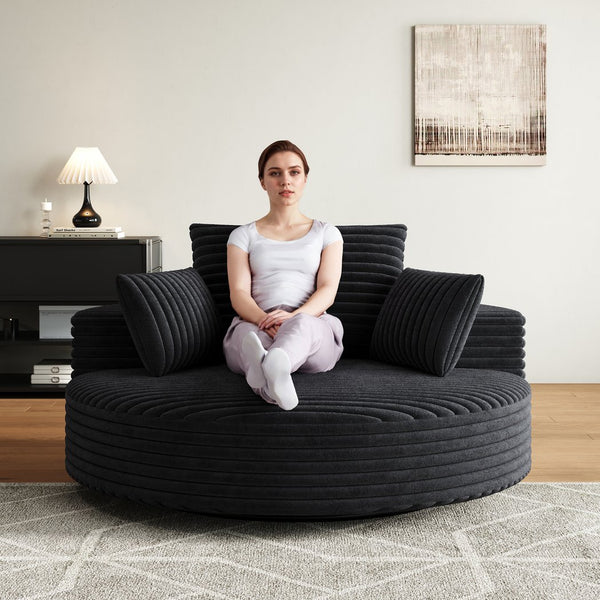 English Elm 55''l 55'l Faux Rabbit Fur Corduroy Swivel Lounge Chair Cloud Foam Seat for Bedroom Black W834S00448