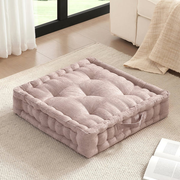 JLA Home Intelligent Design - Poly Chenille Square Floor Pillow Cushion with Tufted Scalloped Edge, OEKO-TEX Soft Plush Support Blush ID31-2467