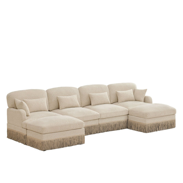 English Elm 131"comfy Chenille Leopard Print U-shaped Sectional with Tassel Trim and Modular Ottomans Beige W5656S00009