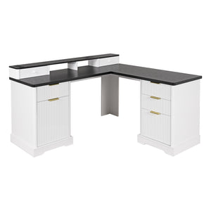 English Elm 59" Fluted Oak L-shaped Corner Desk with Charging Station Monitor Stand and File Storage White W2917S00004