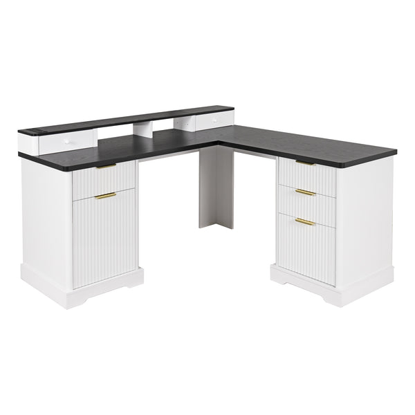 English Elm 59" Fluted Oak L-shaped Corner Desk with Charging Station Monitor Stand and File Storage White W2917S00004