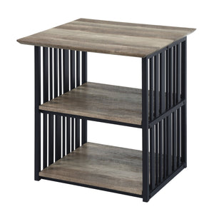 English Elm Antique Rustic Oak Nightstand with Black Slatted Metal Frame, 3-Shelf Industrial Charm for Bedroom Storage B062P209017