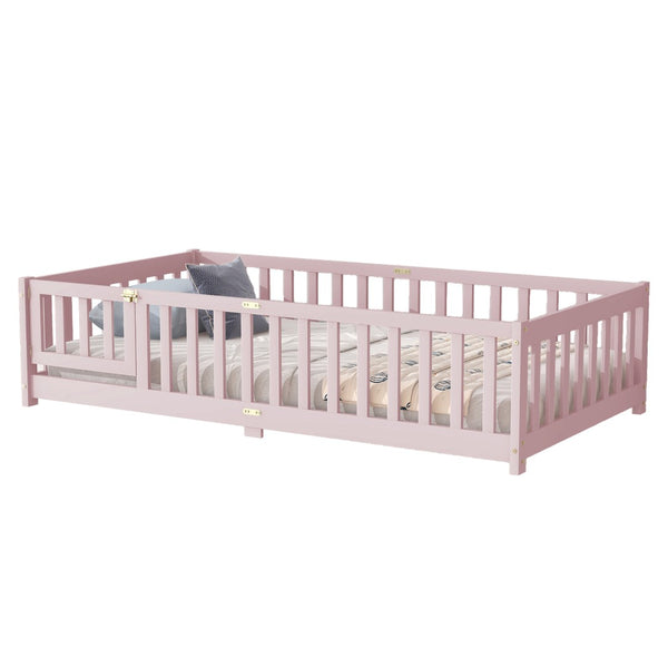 English Elm Twin Size Floor Bed With Safety Guardrails - Durable Rubber Wood Design In Pink For Toddlers W504P286376-GIGA