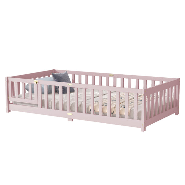 English Elm Twin Low Profile Rubberwood Floor Bed with Full Safety Fence for Toddler Rooms Pink W504P429281