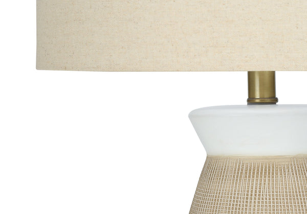 English Elm Lighting, 27"h ceramic table lamp with textured vase base, beige linen drum shade & gold finial Cream 17 L x 17 W x 19 H B2710P220140