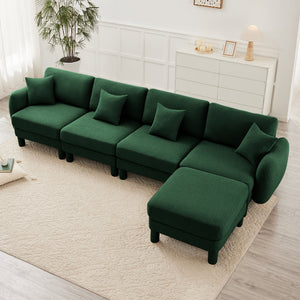 English Elm Boucle Fabric Convertible L-Shaped Sectional Sofa For 4 With Shell Armrests & Removable Ottoman, Green W3041S00312