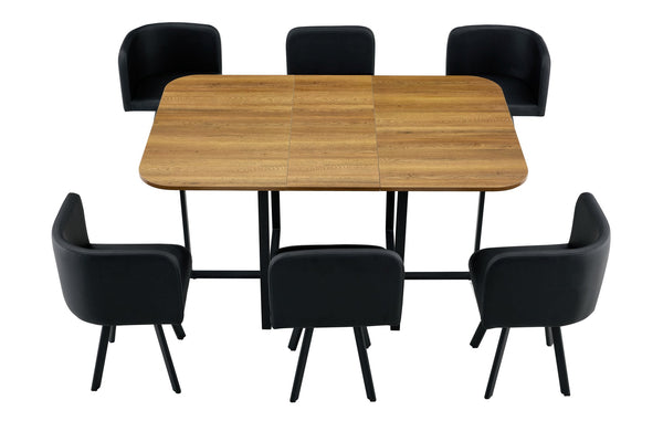 English Elm 7-piece Space Saving Dining Set Melamine Table Six Pu Cushioned Chairs Iron Frame W3875S00014