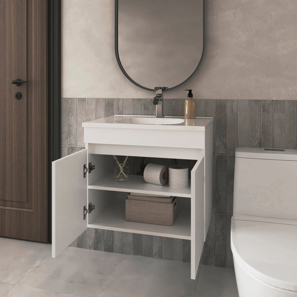 English Elm FM Modern Floating Bathroom Vanity with Integrated Sink and Soft-Close Door for Sleek Storage White 29 L x 23 W x 13 H B128P293883