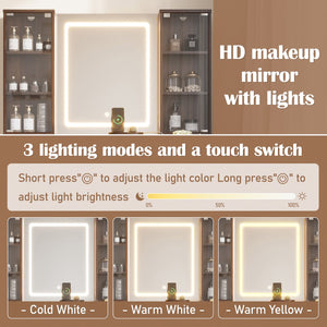 English Elm 43.5" Fluted Makeup Vanity with Led Mirror Glass Top Gold Hardware and Storage Stool Brown N704G202305P