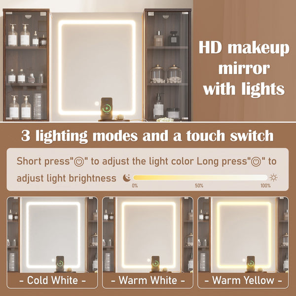 English Elm 43.5" Fluted Makeup Vanity with Led Mirror Glass Top Gold Hardware and Storage Stool Brown N704G202305P