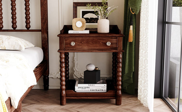 English Elm Retro Bedside Nightstand with Turned Rubberwood Legs Open Shelf and Drawer Storage Walnut N733P206240D