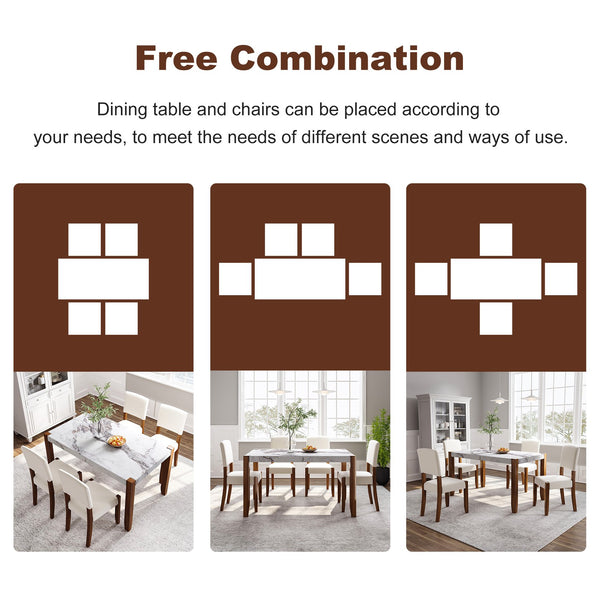 English Elm 5-Piece Modern Dining Set with 46.5" Faux Marble Table & 4 Upholstered Rubberwood Chairs, Space-Saving Elegance for Kitchen and Dining SQ000885AAK